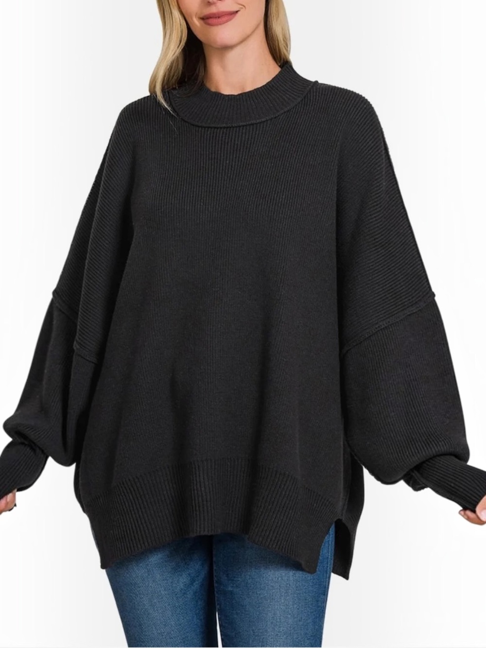 Zenana Side Slit Oversized Knit Sweater in Black Size S/M NEW